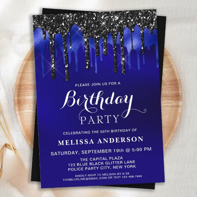 Elegant Blue Black Glitter Drips Birthday Party Invitation