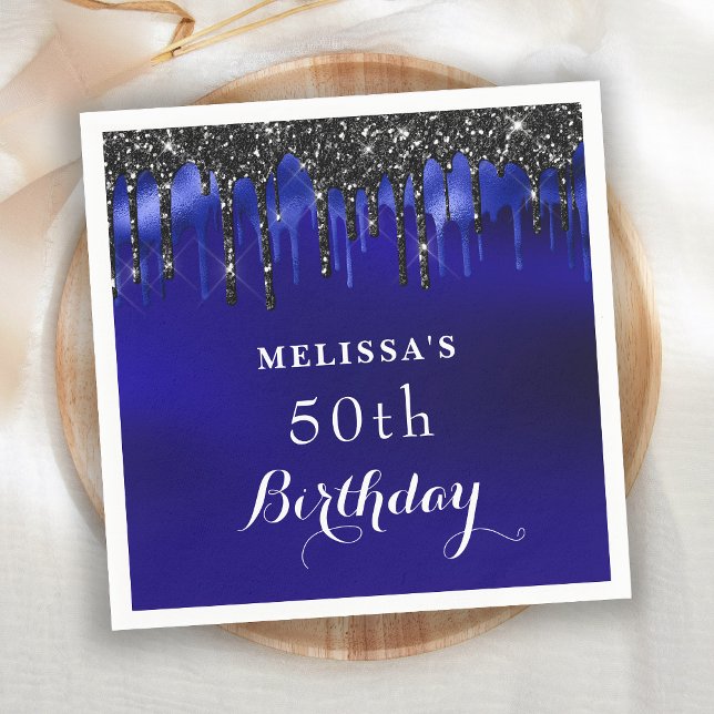 Elegant Blue Black Glitter Drips Birthday Party Napkins (Creator Uploaded)