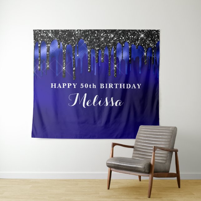 Elegant Blue Black Glitter Drips Birthday Party Tapestry (In Situ (Horizontal))