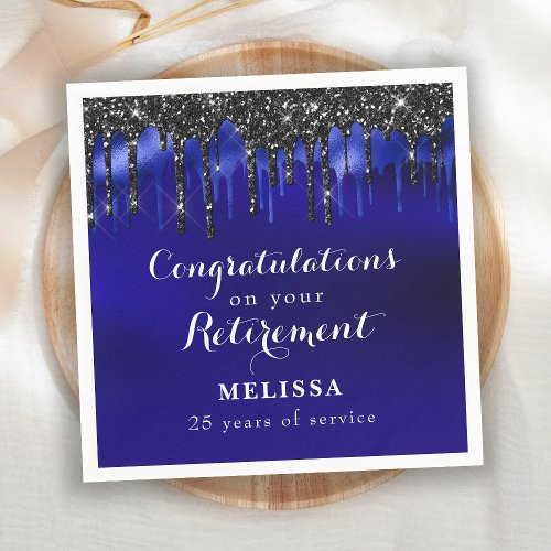 Elegant Blue Black Glitter Drips Congratulations Napkins