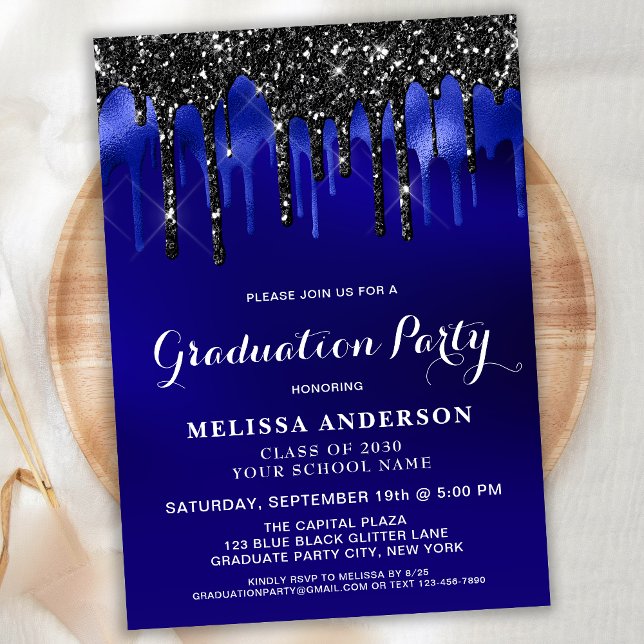Elegant Blue Black Glitter Drips Graduation Party Invitation (Creator Uploaded)