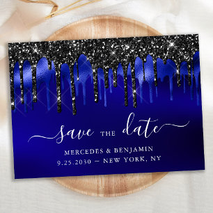 Elegant Blue Black Glitter Drips Police Wedding Save The Date