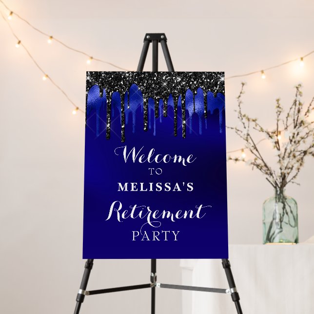 Elegant Blue Black Glitter Drips Retirement Party Foam Board (In Situ (Stand))