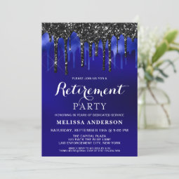 Elegant Blue Black Glitter Drips Retirement Party Invitation | Zazzle