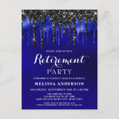 Elegant Blue Black Glitter Drips Retirement Party  Invitation Postcard (Front)