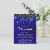 Elegant Blue Black Glitter Drips Retirement Party  Invitation Postcard (Standing Front)