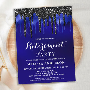 Elegant Blue Black Glitter Drips Retirement Party Postcard