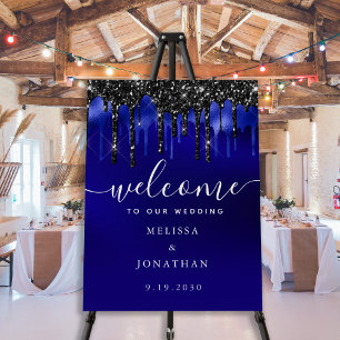 Elegant Blue Black Glitter Drips Wedding Welcome Foam Board