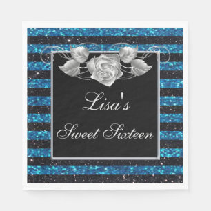 Elegant Blue Black Glitter Silver Rose Sweet 16 Napkins