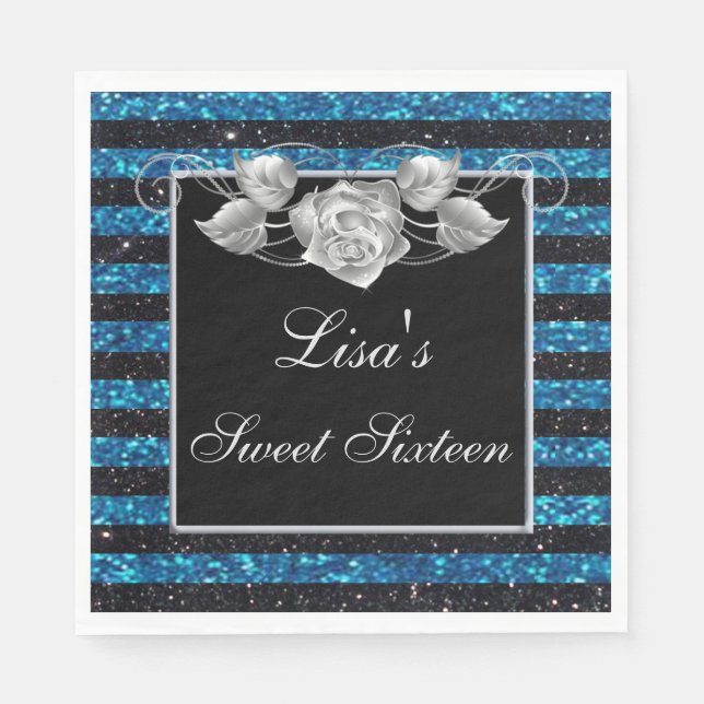 Elegant Blue Black Glitter Silver Rose Sweet 16 Napkins (Front)