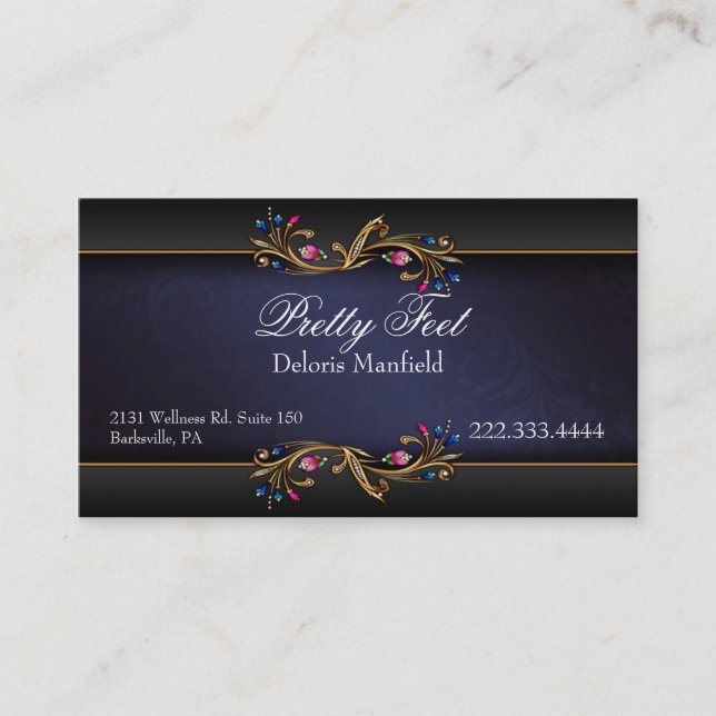 Elegant Blue, Black, Gold Damask Business Card (Front)