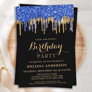 Elegant Blue Black Gold Glitter Drips Birthday Invitation