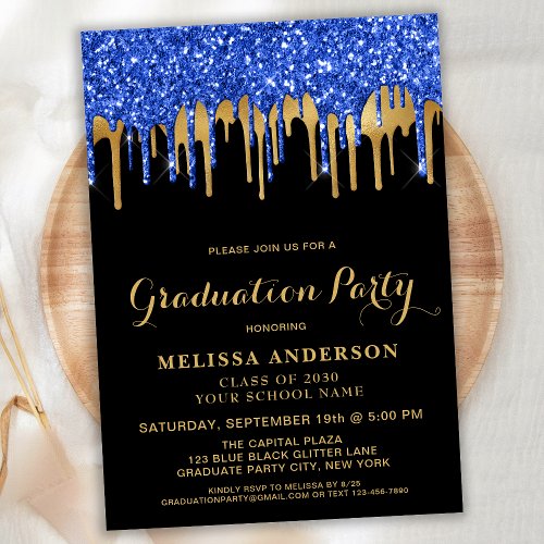 Elegant Blue Black Gold Glitter Drips Graduation Invitation