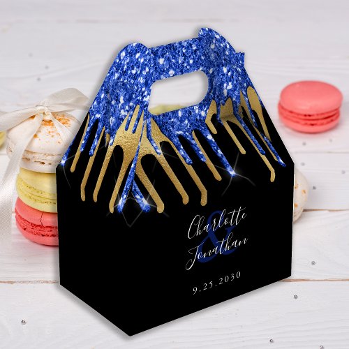 Elegant Blue Black Gold Glitter Drips Wedding Favor Boxes