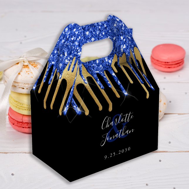 Elegant Blue Black Gold Glitter Drips Wedding Favor Boxes (Creator Uploaded)