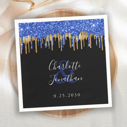 Elegant Blue Black Gold Glitter Drips Wedding Napkins