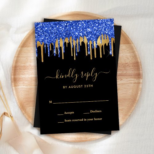 Elegant Blue Black Gold Glitter Drips Wedding RSVP Card