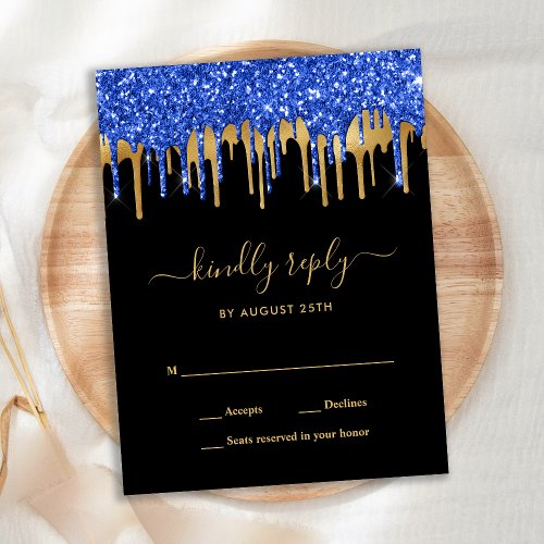 Elegant Blue Black Gold Glitter Drips Wedding RSVP Invitation Postcard