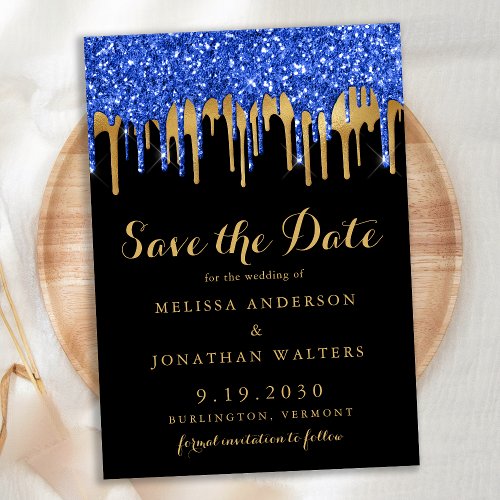 Elegant Blue Black Gold Glitter Drips Wedding Save The Date