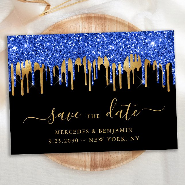 Elegant Blue Black Gold Glitter Drips Wedding Save The Date (Creator Uploaded)