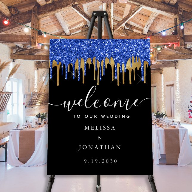 Elegant Blue Black Gold Glitter Wedding Welcome Foam Board (Creator Uploaded)