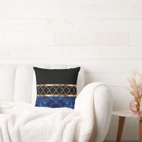 Elegant Blue Black  Gold Quatrefoil Pattern Throw Pillow