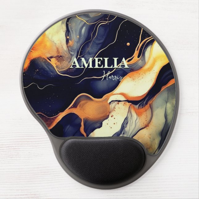 Elegant blue black marble art faux gold glitter gel mouse pad (Front)