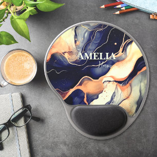 Elegant blue black marble art faux gold glitter gel mouse pad