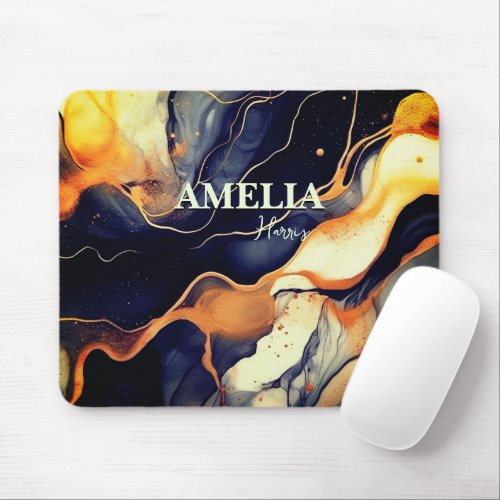 Elegant blue black marble art faux gold glitter mouse pad