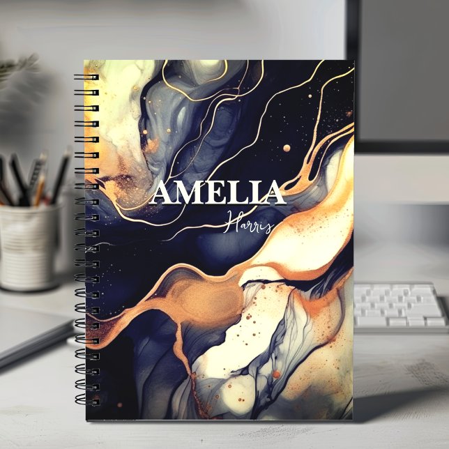 Elegant blue black marble art faux gold glitter notebook (Creator Uploaded)