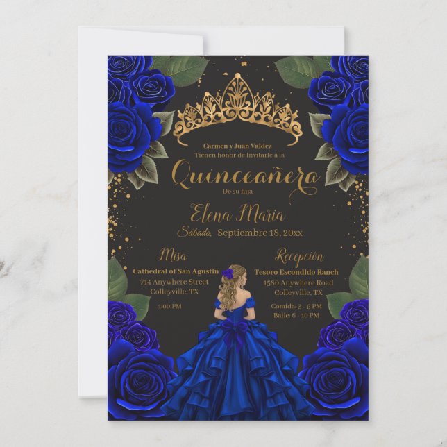 Elegant Blue Black Quinceañera Roses Gold Glitter Invitation (Front)