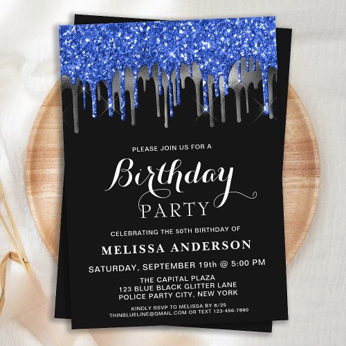 Elegant Blue Black Silver Glitter Drips Birthday Invitation