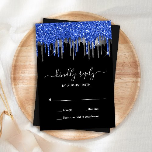 Elegant Blue Black Silver Glitter Drips Wedding RSVP Card