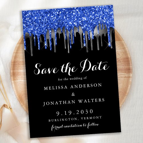 Elegant Blue Black Silver Glitter Drips Wedding Save The Date