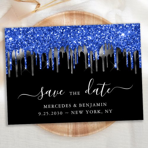 Elegant Blue Black Silver Glitter Drips Wedding Save The Date