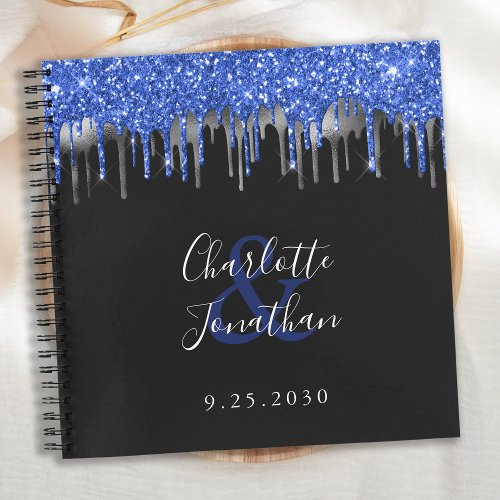 Elegant Blue Black Silver Glitter Wedding Guest Notebook