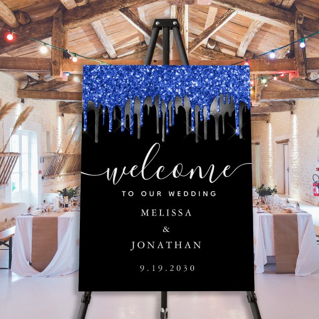 Elegant Blue Black Silver Glitter Wedding Welcome Foam Board (Creator Uploaded)