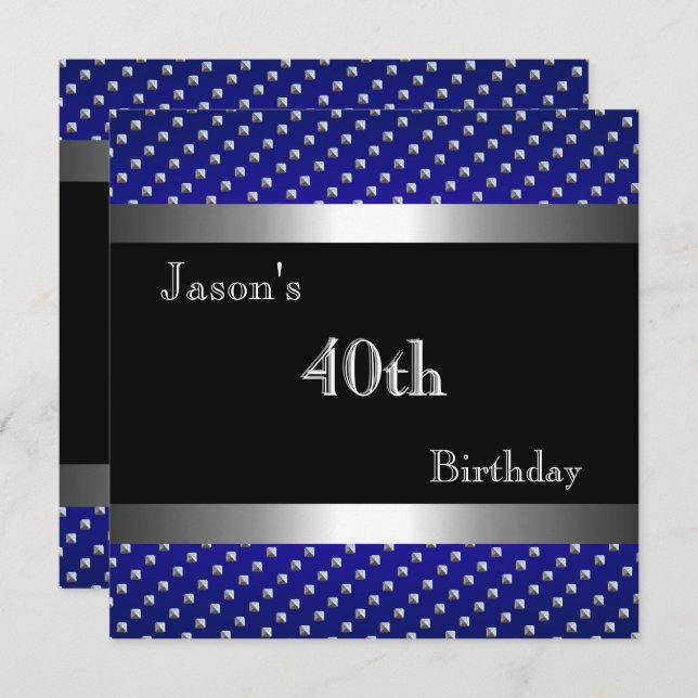 Elegant Blue Black Silver Studs 40th Birthday Mans Invitation (Front/Back)