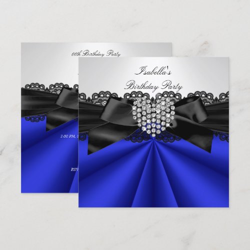Elegant Blue Black White Diamond Birthday Party 5.25x5.25 Square Paper Invitation Car...