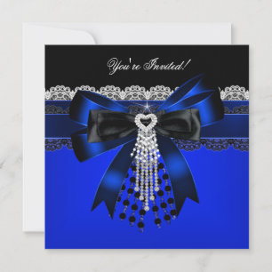 Elegant Blue Black White Diamond Pearl Lace Party Invitation