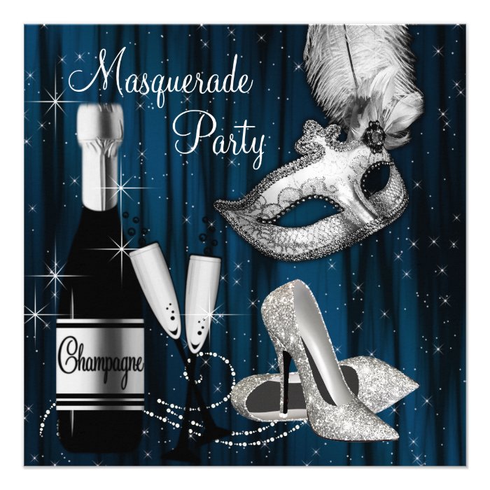 Elegant Blue Black White Masquerade Party Custom Invitation