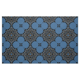 Elegant Blue Black & White Oriental Lace Pattern Fabric