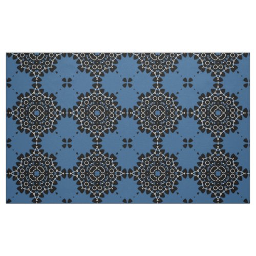 Elegant Blue Black  White Oriental Lace Pattern Fabric