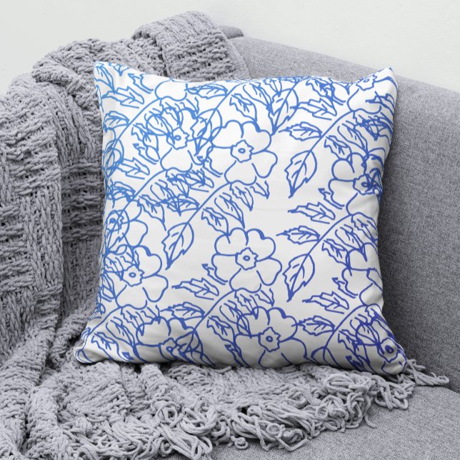 Elegant BLue Blossom FLoral print pattern on white Throw Pillow (Creator Uploaded)