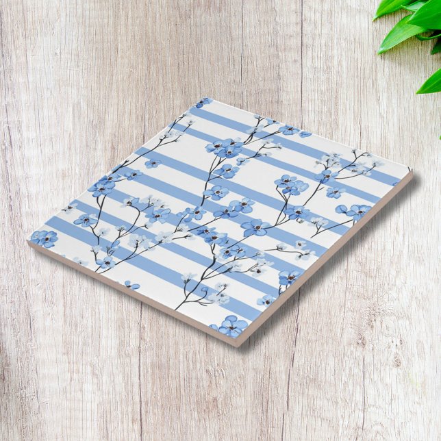 Elegant Blue Blossoms and Striped Floral Pattern Ceramic Tile (Creator Uploaded)