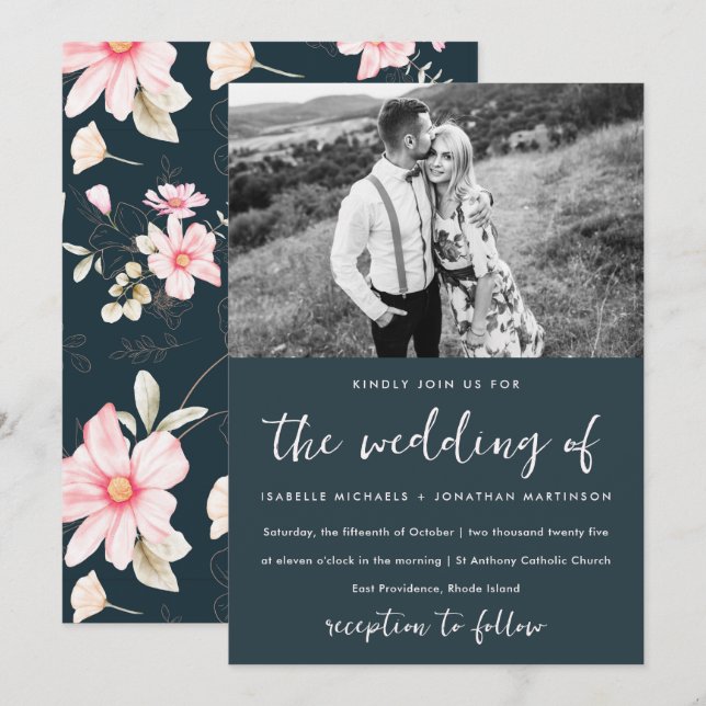 Elegant Blue Blush Floral Pattern Photo Wedding Invitation (Front/Back)