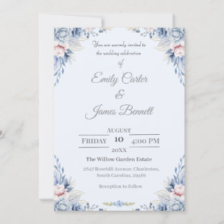 Elegant Blue & Blush Floral Wedding Invitation