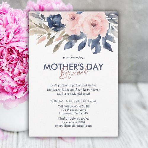 Elegant Blue Blush Pink Floral Mothers Day Brunch Invitation