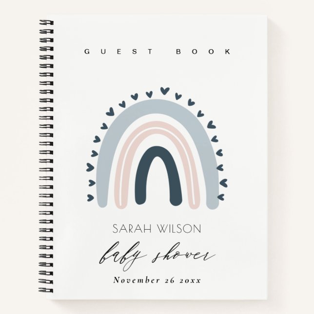 ELEGANT BLUE BLUSH RAINBOW HEART BABY SHOWER NOTEBOOK (Front)
