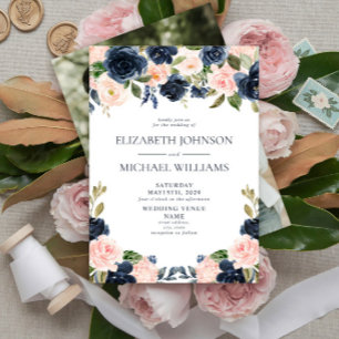 Elegant Blue Blush Watercolor Floral Photo Wedding Invitation
